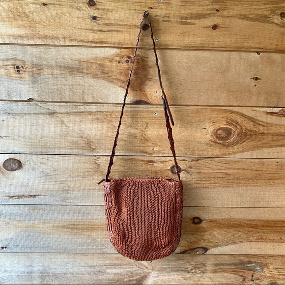 Vintage Eighties Rust Brown Leather Knit Zip Top Crossbody Shoulder Handbag - Picture 6 of 6